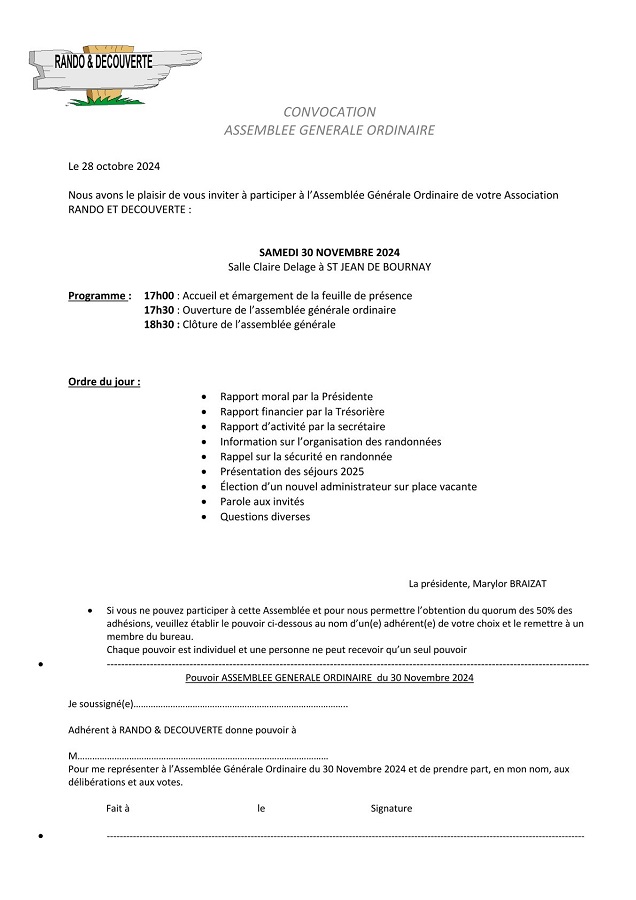 Convocation AG du 30 novembre 2024 